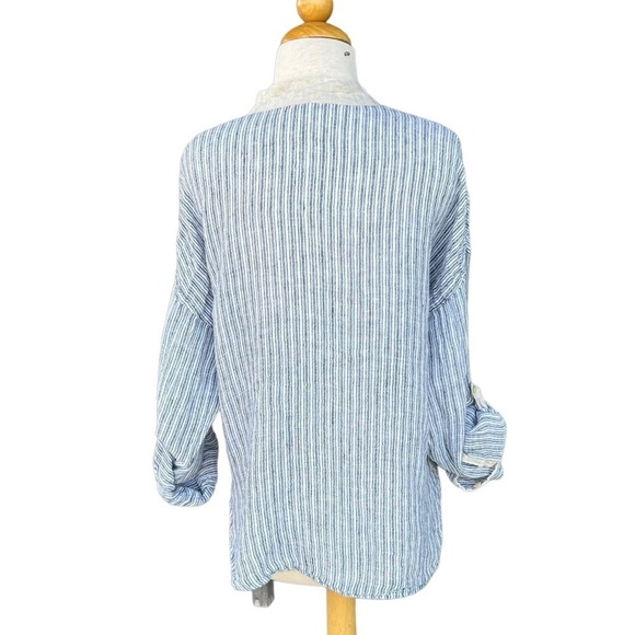 Mastro Moda Italy 100% Linen Stripe Popover Henley Top Blue Ecru Roll Tab Small - Picture 3 of 13